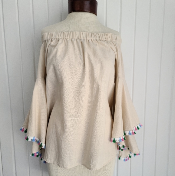 Women's Medium Off the Shoulder Multi ColorTassel Casual Linen Blend Top - Picture 4 of 7